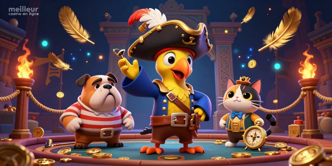 Plongez dans l'univers du meilleur casino en ligne avec des pirates, bulldogs et chats en navigation, s'entourant de pièces d'or et de feux.