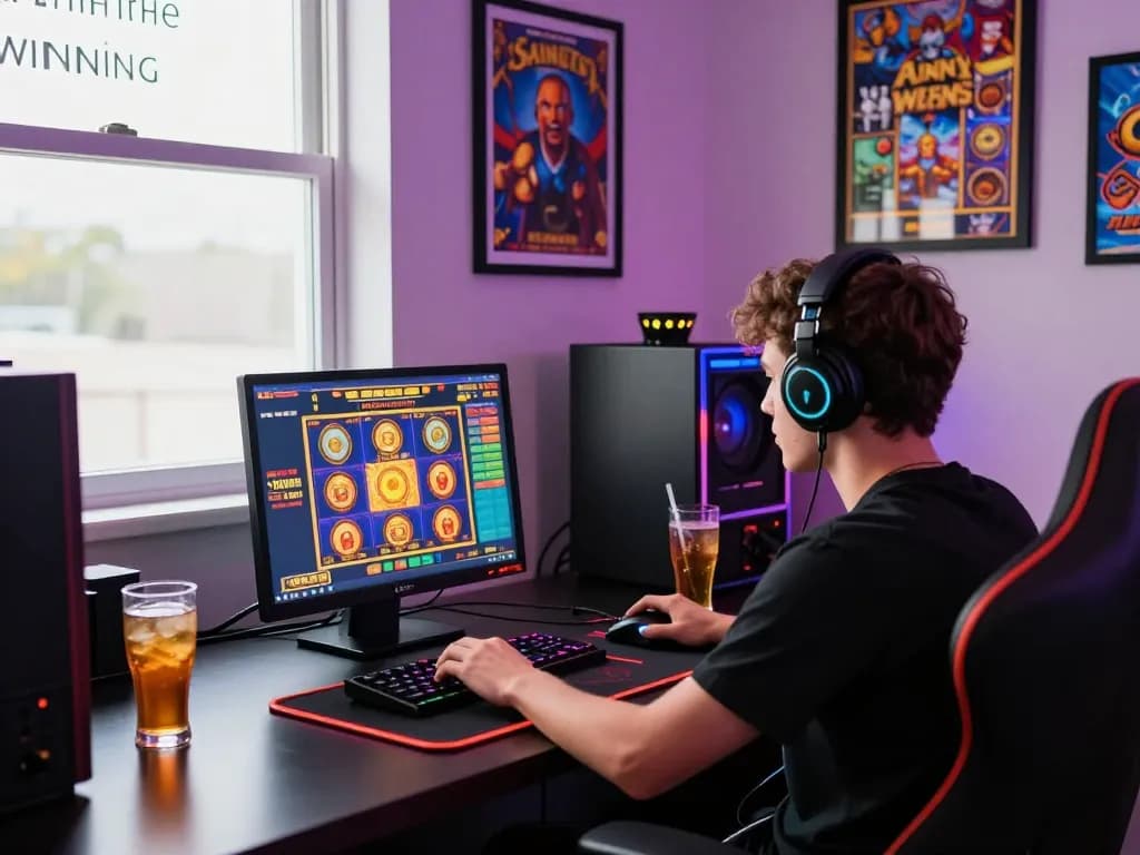 Engaged gamer exploring situs gacor slots on laptop in a vibrant online gaming environment with motivational decor.