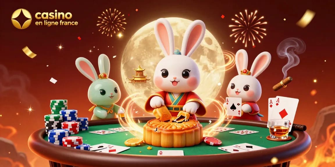 Illustration dynamique de casino en ligne France, avec un lapin de lune et des jetons de poker.