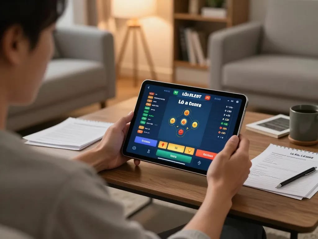 Lô đề online gaming at home with a cozy atmosphere, showcasing tablet gameplay and strategy notes.