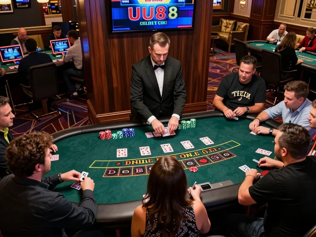 Players engaging in a thrilling blackjack game at UU88 casino, highlighting strategy and excitement