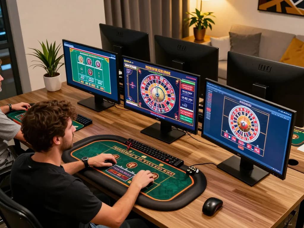 Engaging in online gaming at https://www.mnm88.com/ with multiple screens showing casino games and a stylish setup.