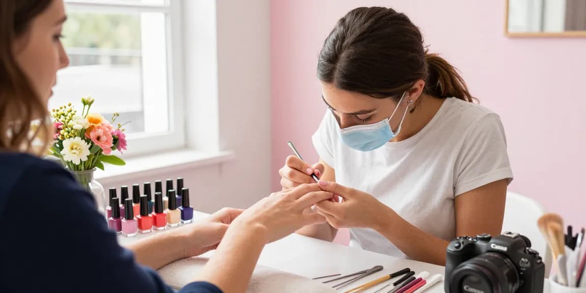 Clientă primind aplicarea de oja semipermanenta într-un salon elegant.