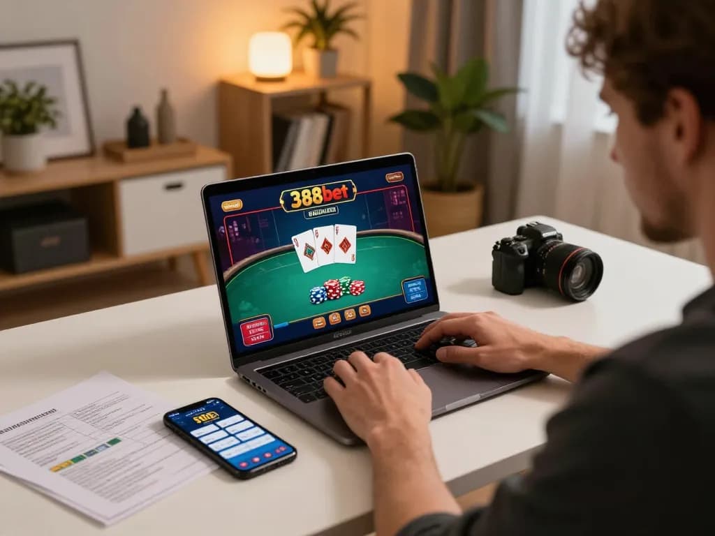 Engaging online gaming session on 388bet with a player focused on poker strategy at home.