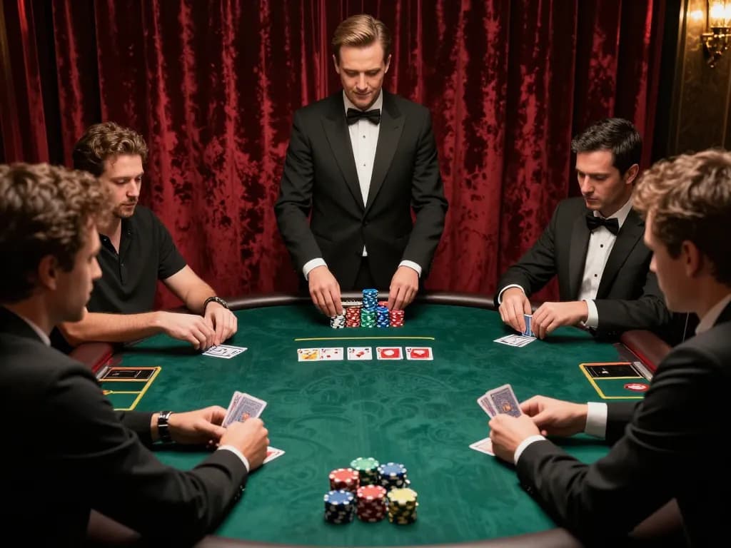 Gamblers strategizing in a high-stakes poker game at dn88, chips stacked and cards in hand, upscale casino ambiance.