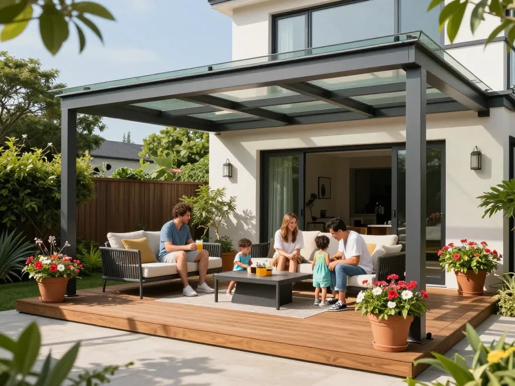 Beeindruckende Außenterrasse mit einer modernen Terrassenüberdachung, die elegantes Sitzen und lebendige Pflanzen bietet.