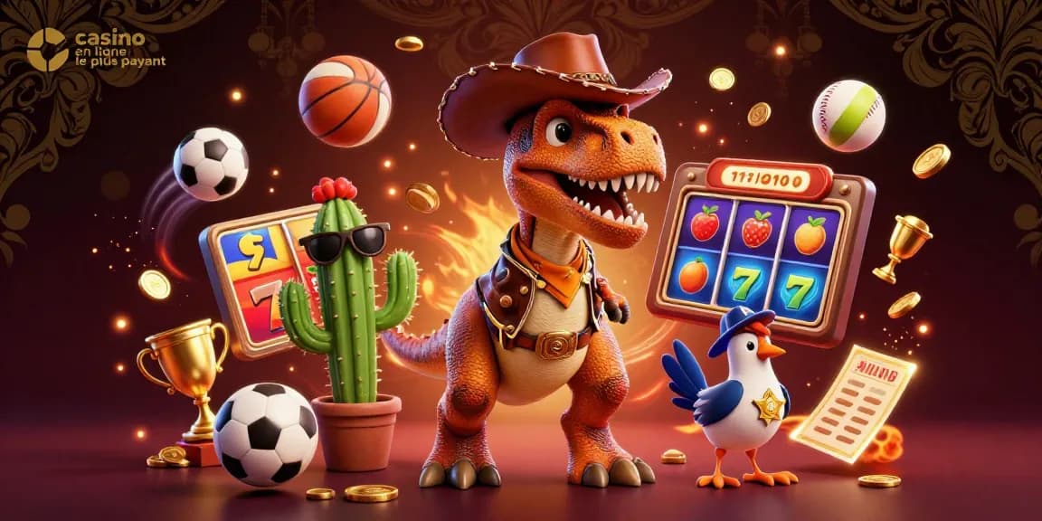 Illustration dynamique de casino en ligne le plus payant avec un T-Rex cowboy et des éléments de jeu.