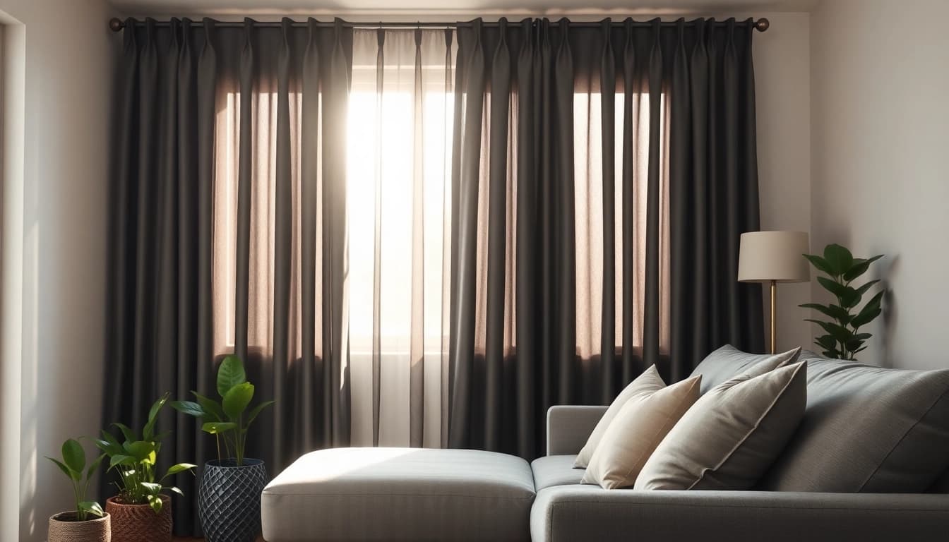 Bekijk stijlvolle verduisterende gordijnen die privacy en comfort bieden in een woonkamer.