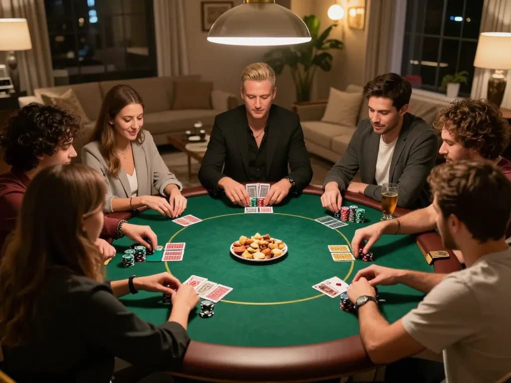 EE88 poker night scene showcasing friends playing Texas Hold'em with focused gameplay.