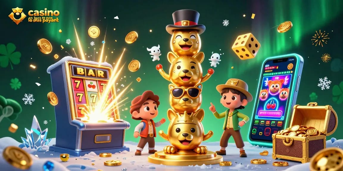 Illustration de casino en ligne le plus payant avec des symboles de machines à sous et des effets lumineux captivants.