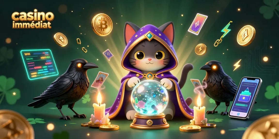Illustration dynamique avec "casino retrait immédiat", un chat mystique et un corbeau aux cartes, illustrant l'univers des jeux d'argent.