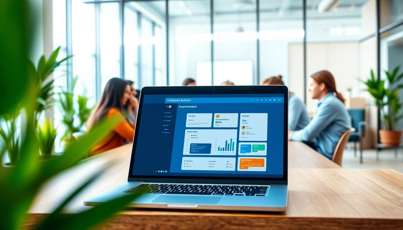 Engaging visual of an enterprise assistant platform interface in a modern office setting promoting collaboration.