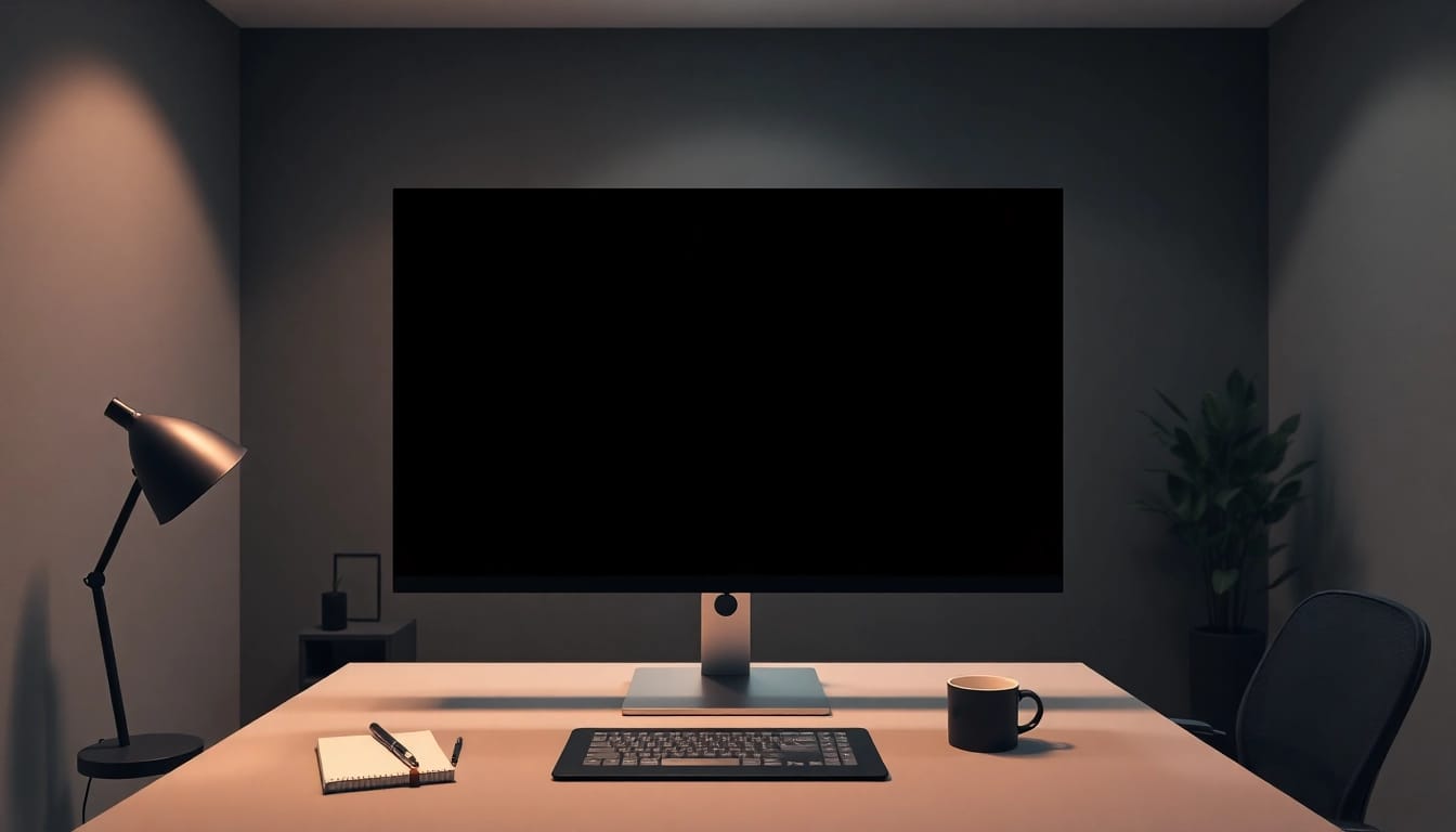 High-quality black screen image displayed on a computer monitor in a modern workspace.