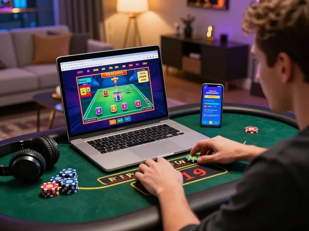 Excited player enjoying baccarat on a verified 바카라사이트 in a vibrant online gaming environment.