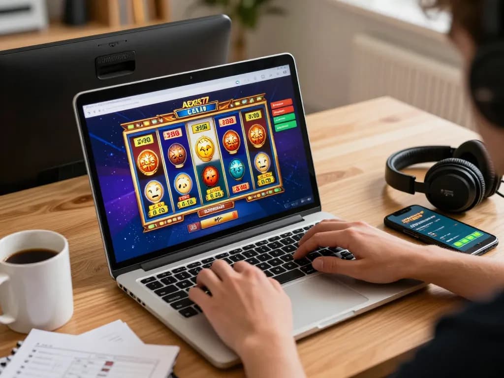 Engage with alexis77 online casino gameplay featuring vibrant slot machine graphics and strategic setup