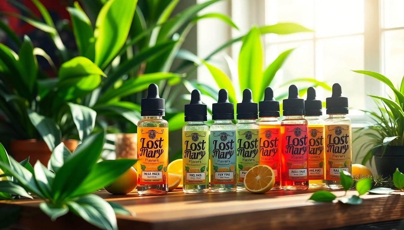 Showcase Lost Mary Flavors vape products with colorful bottles in a bright, inviting setting.