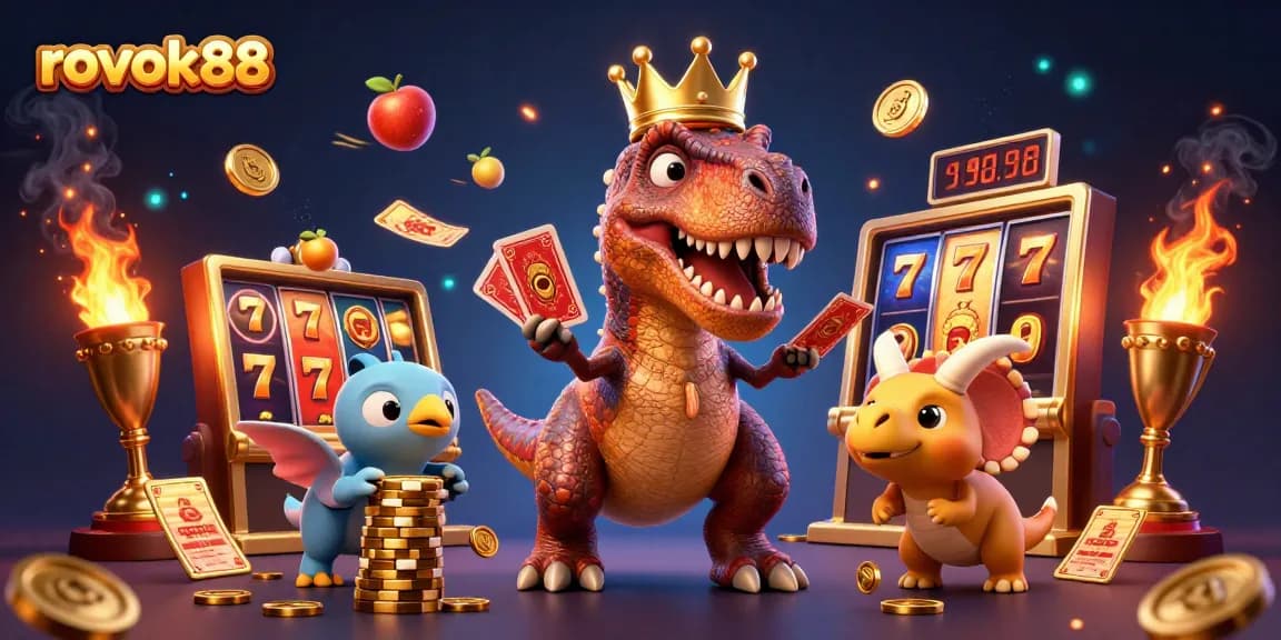 Experience exciting slot gameplay with rokok88 in this vibrant 3D casino scene depicting playful characters.