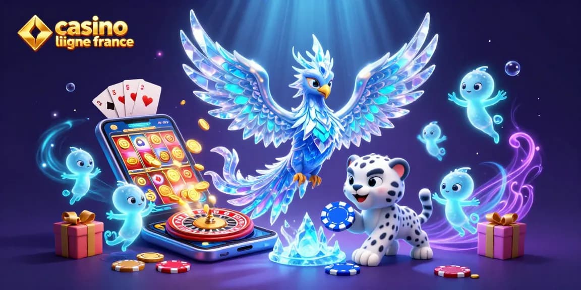 Jouez au casino en ligne France avec une illustration captivante d'un phénix de glace et des éléments de jeu.