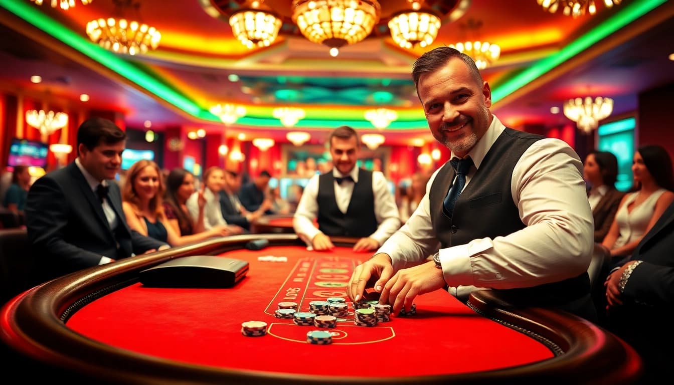 Interwin - Dealer takes action at a vibrant casino blackjack game with excited players.