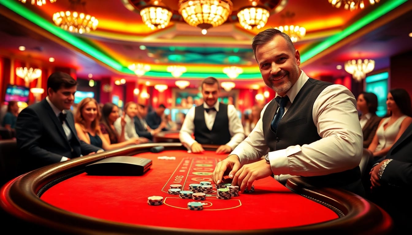 Interwin - Dealer takes action at a vibrant casino blackjack game with excited players.