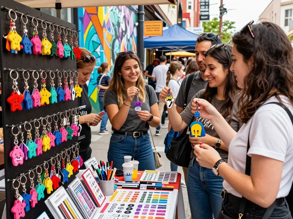 Custom keychains displayed in a lively urban marketplace, showcasing personalization and creativity.