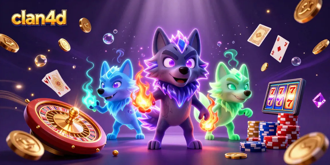 Engage with clan4d's thrilling casino experience showcasing animated wolves amidst cascading coins and roulette.