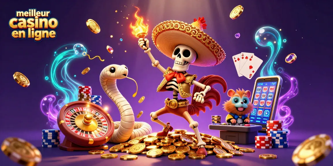 Action dynamique illustrant le meilleur casino en ligne avec un rooster mariachi sur une pile de pièces d'or