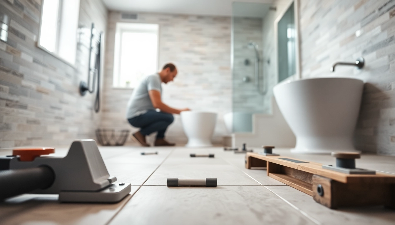 Efficient bathroom installation trafford with a contractor laying tiles in a stylish setting.