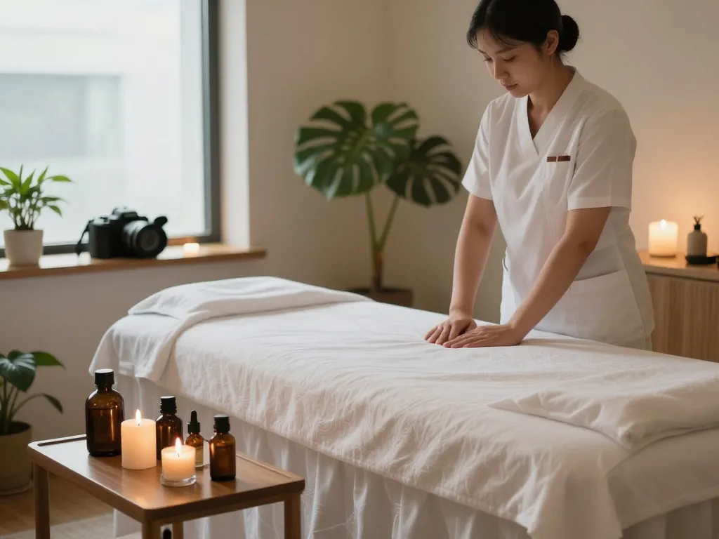 Relaxing 인계동마사지 therapy room with soft lighting and essential oils.