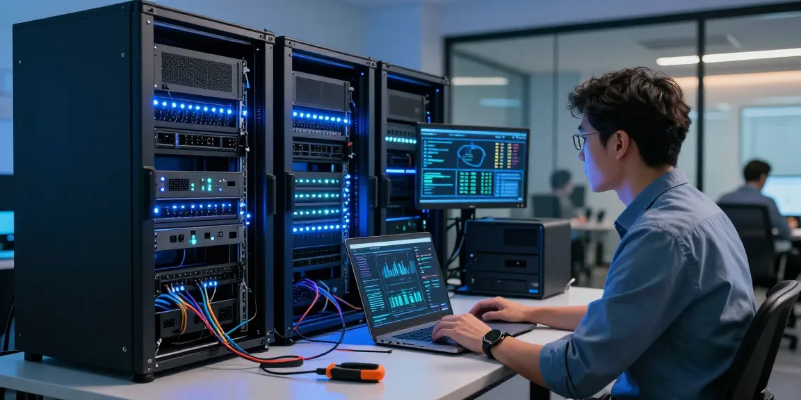 VPS hosting in a modern server room with IT technician managing servers and monitoring performance metrics