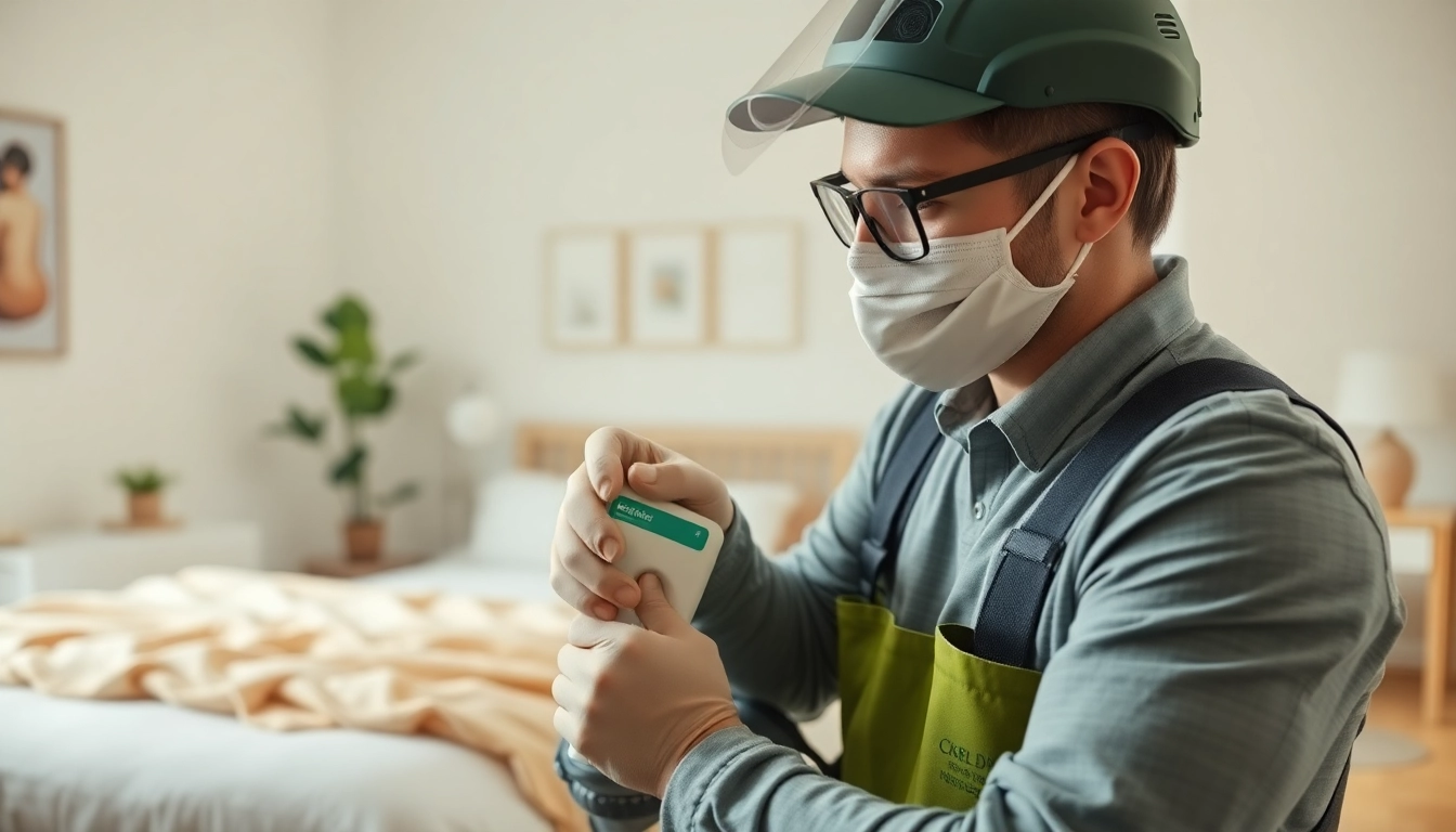 Exterminator demonstrating affordable bed bug treatment techniques in a home.