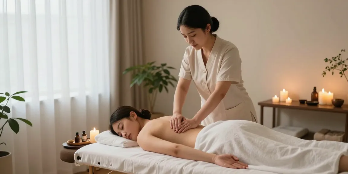 마사지 테라피를 받는 고객과 편안한 분위기의 마사지실