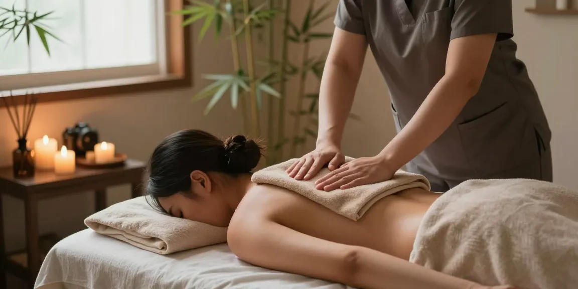 마사지 치료 중인 고객과 편안한 스파 환경
