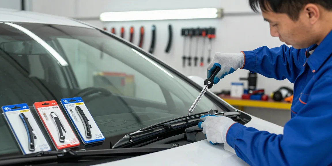 Mechanic installing flat wiper blade on a car in a professional workshop.