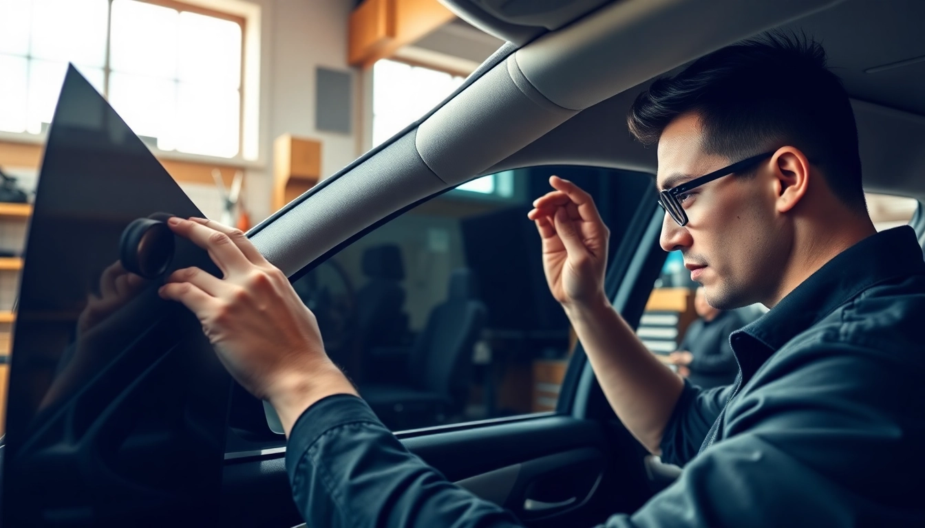 Apply auto window tint near me for enhanced vehicle comfort and style in a professional workshop.
