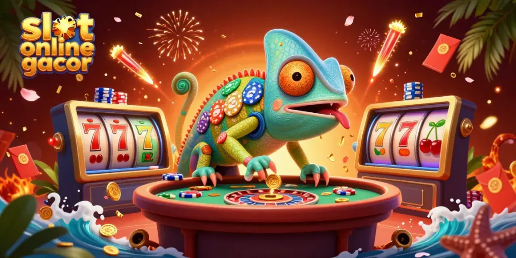 Experience the thrill of slot online gacor with a colorful 3D chameleon casino owner capturing golden coins amid vibrant game elements.