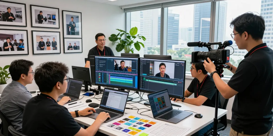 Singapore Corporate Video Production team collaborating in a vibrant studio environment.