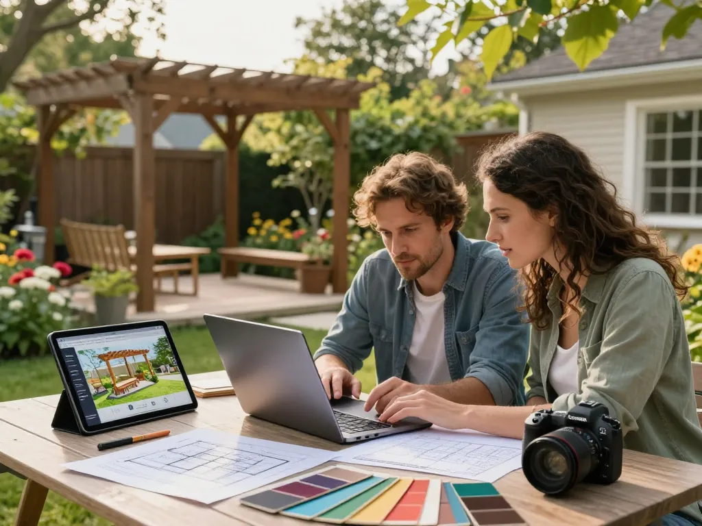 Couple using pergola configurator software to design a custom outdoor structure in their garden.