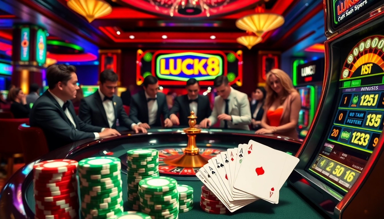 LUCK8 casino players enjoying a thrilling game at a roulette table with vibrant atmosphere.