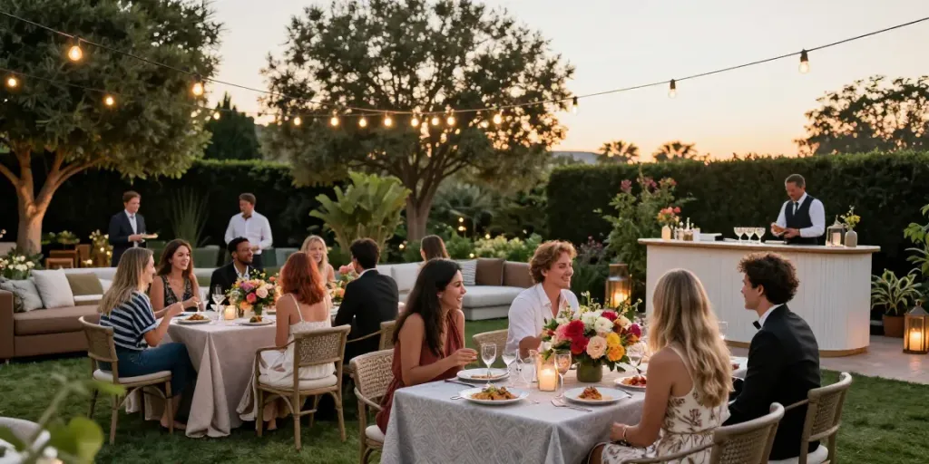 Event rentals at an elegant outdoor garden party with stylish decorations and joyful celebrations.