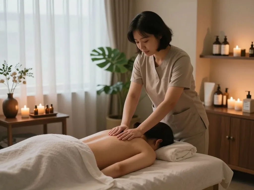 Relaxing 논현동마사지 session in a peaceful spa setting with warm lighting and essential oils.