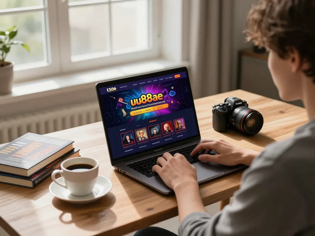 Engaged bettor using uu88ae online casino, laptop showing colorful gameplay.