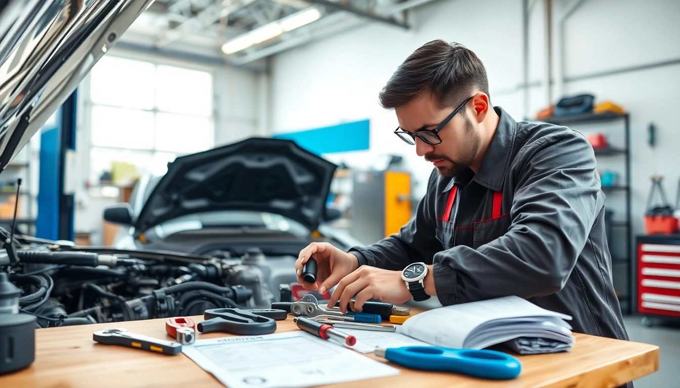 Mechanic reviewing vehicle service contract paperwork while inspecting an engine.