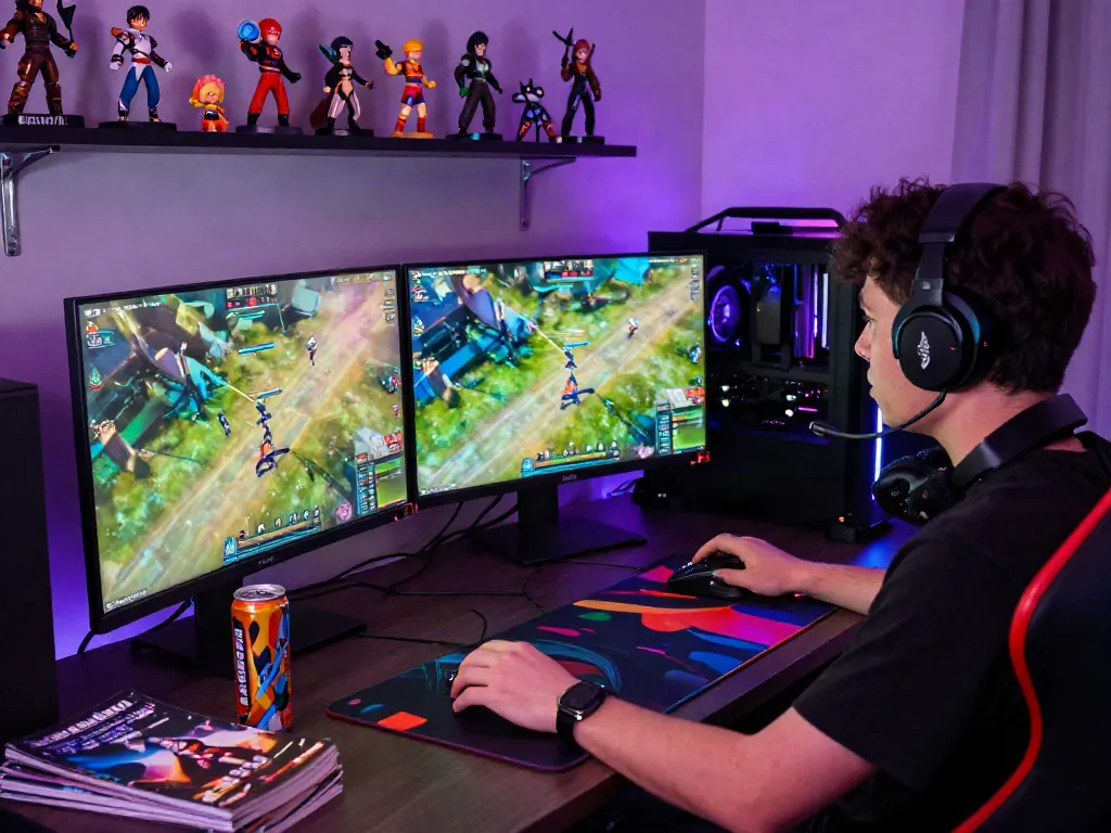 link alternatif djarum bos highlighted in an exciting online gaming setup featuring multiple screens and vibrant decor
