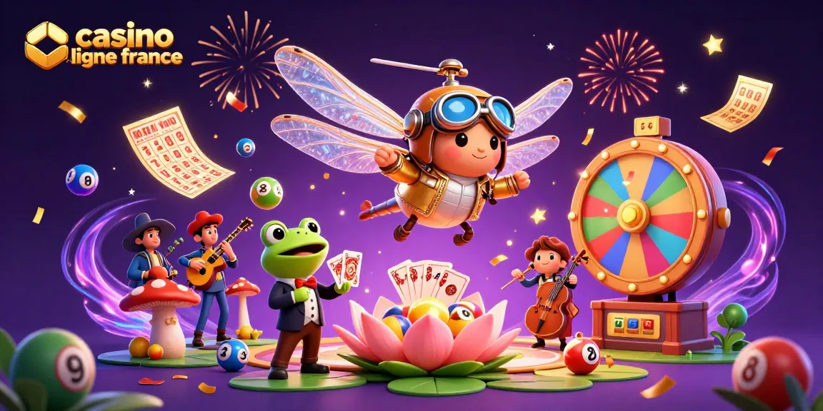 Une illustration dynamique de casino en ligne France avec un pilote luciole, un croupier grenouille et des musiciens.