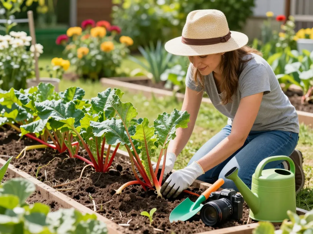 Gardener planting rabarber planten in a vibrant home garden filled with colorful tools and fresh seedlings.