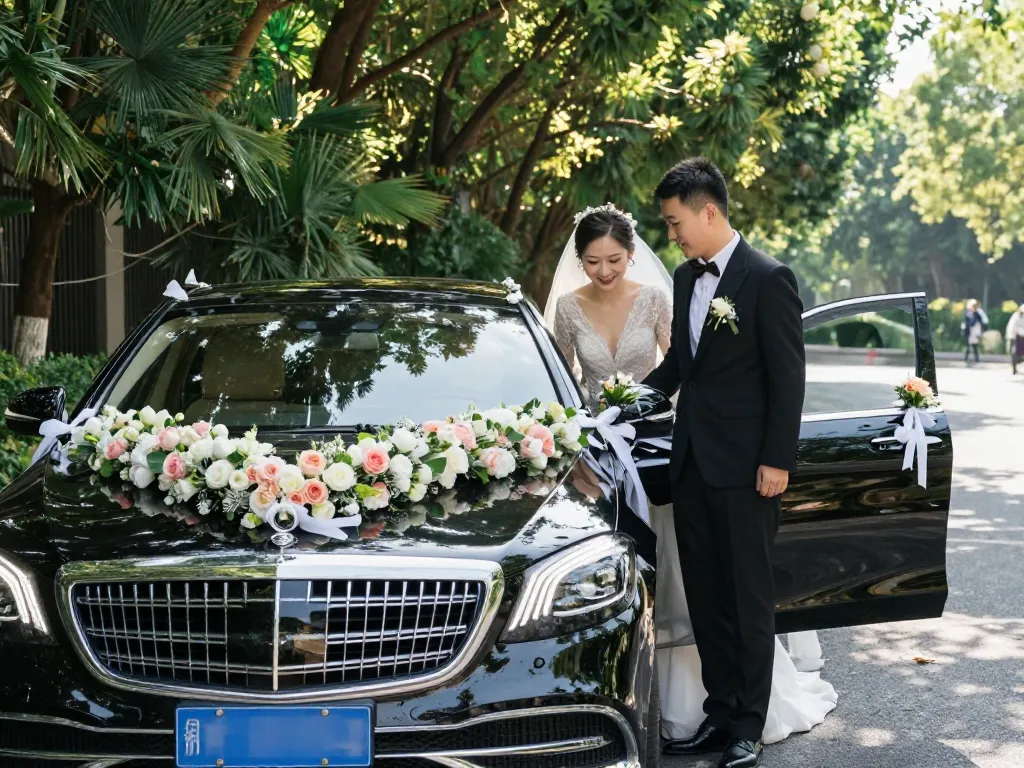 khung cảnh cho thuê xe cưới sang trọng với hoa trang trí và cặp đôi vui vẻ