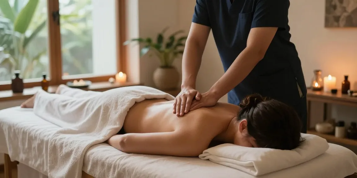 마사지 테라피를 받는 손님과 전문 마사지사, 아로마 오일과 촛불로 꾸며진 편안한 스파 환경