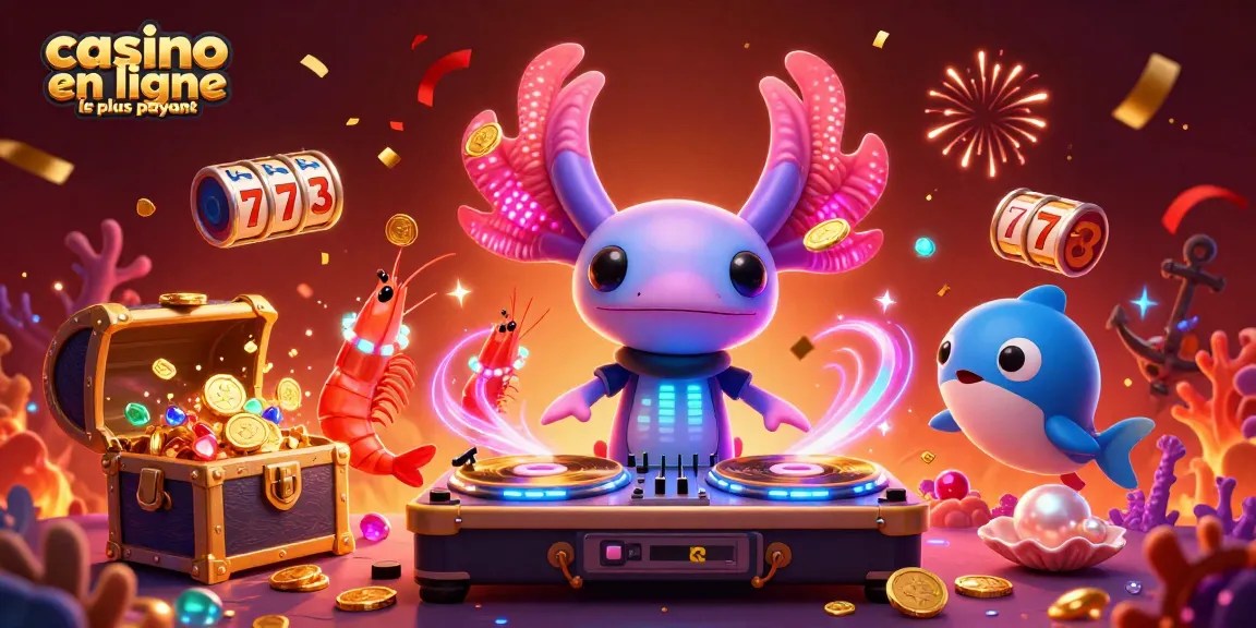 Illustration animée de casino en ligne le plus payant avec un DJ axolotl et des éléments sous-marins dynamiques.
