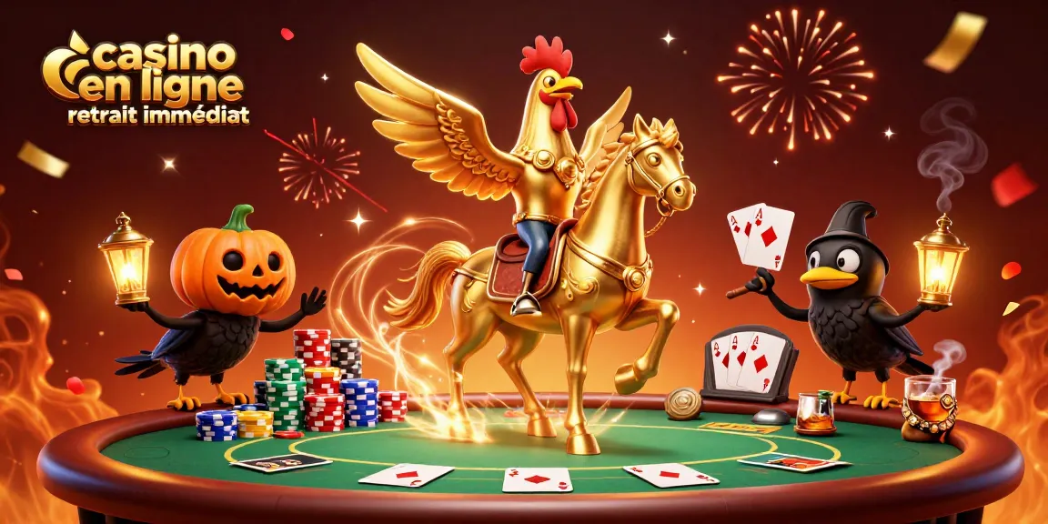 Jouer au casino en ligne retrait immédiat avec un coq doré et des compagnons corbeaux dans une scène festive.